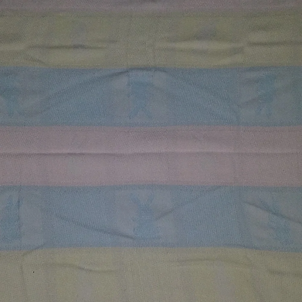 VTG All Mine Bunny Rabbit Knit Baby Blanket 100% Acrylic Pastel Pink Blue Yellow